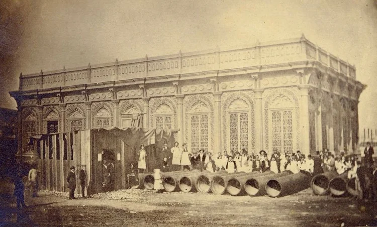 The New Orleans Free Market, c. 1861: the ornate cast iron building whose columns now stand in St. Roch Market